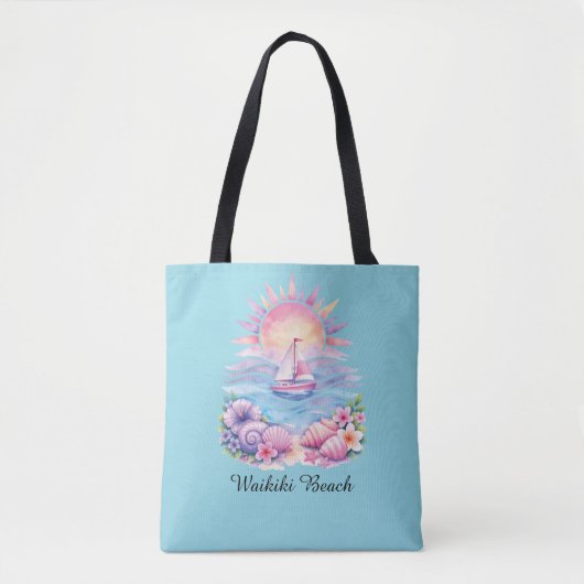 Aesthetic Pink Beach Sailboat Watercolor Sunset トートバッグ (正面)