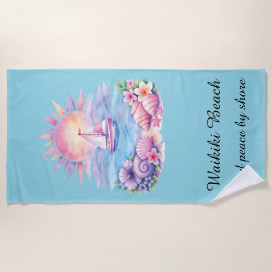 Aesthetic Pink Beach Sailboat Watercolor Sunset ビーチタオル (正面)