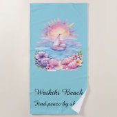 Aesthetic Pink Beach Sailboat Watercolor Sunset ビーチタオル (正面)