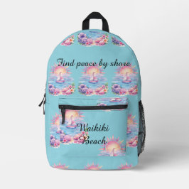 Aesthetic Pink Beach Sailboat Watercolor Sunset プリントバックパック