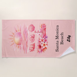 Aesthetic Pink Beach Sunset Watercolor ビーチタオル