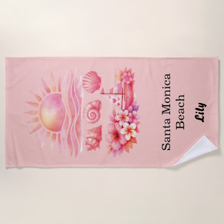 Aesthetic Pink Beach Sunset Watercolor ビーチタオル