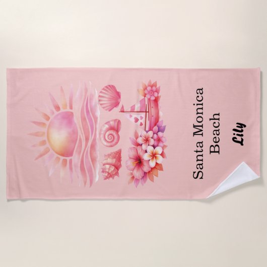 Aesthetic Pink Beach Sunset Watercolor ビーチタオル (正面)