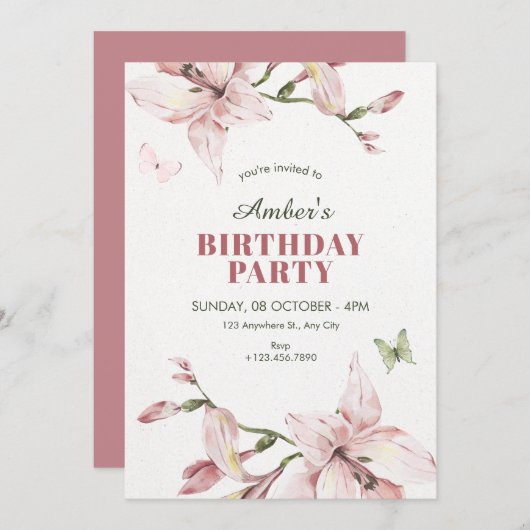 Aesthetic pink flower bloom birthday 招待状 (正面/裏面)