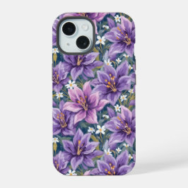 Aesthetic Purple Lily Floral Watercolor iPhone 15ケース
