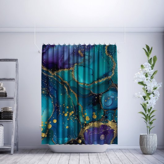 Aesthetic Turquoise & Gold Flowing Marble シャワーカーテン