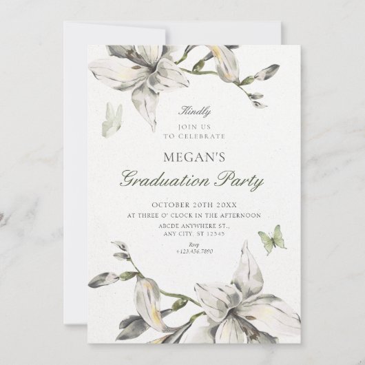 Aesthetic white grey flower bloom graduation 招待状 (正面)
