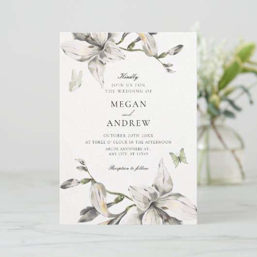 Aesthetic white grey flower bloom wedding 招待状 (スタンド正面)