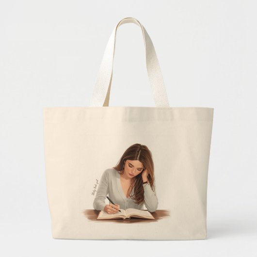 Aesthetic Woman Writing Illustration Tote Bag ラージトートバッグ (正面)