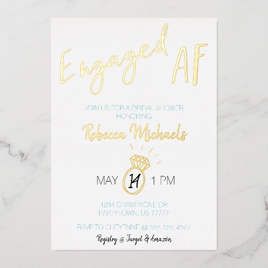 AF婚約した金ゴールドメタリックスクリプトブライダルシャワー 箔招待状 (正面)