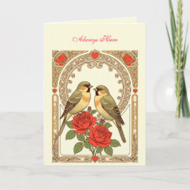 Affectionate Birds and Red Roses Art Nouveau カード