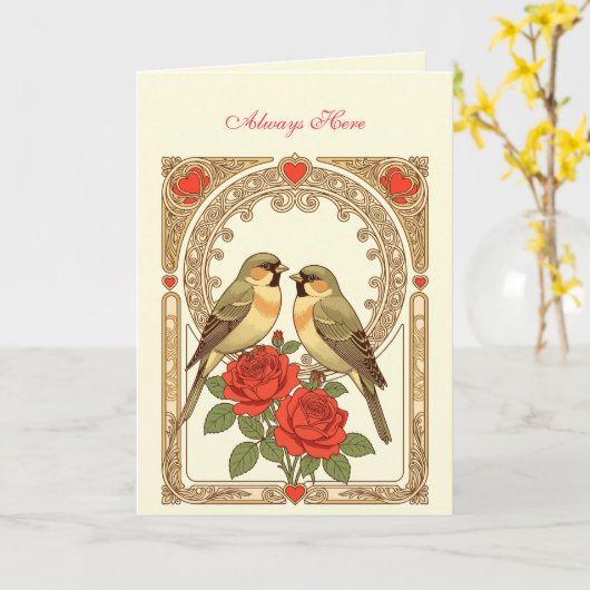 Affectionate Birds and Red Roses Art Nouveau カード (黄色い花)