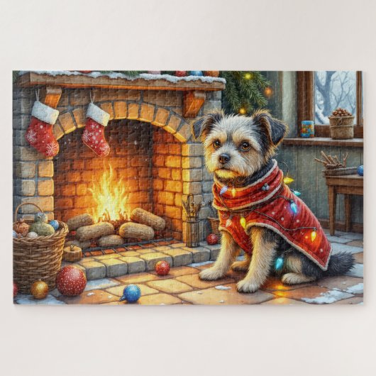Affenpinscher Sitting Fireplace Christmas Lights ジグソーパズル (横)