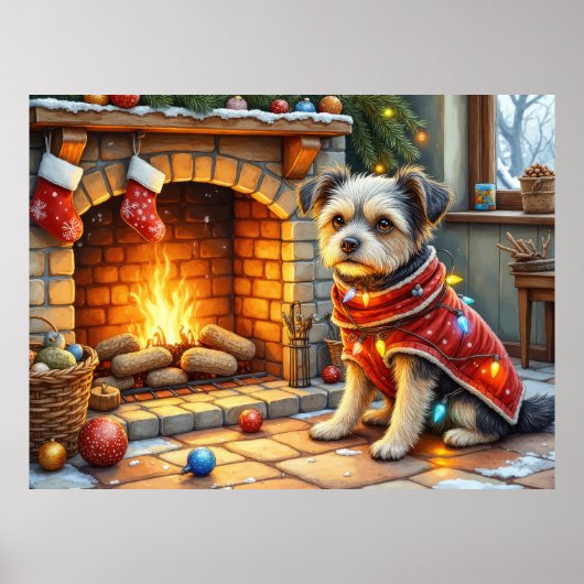 Affenpinscher Sitting Fireplace Christmas Lights ポスター (正面)
