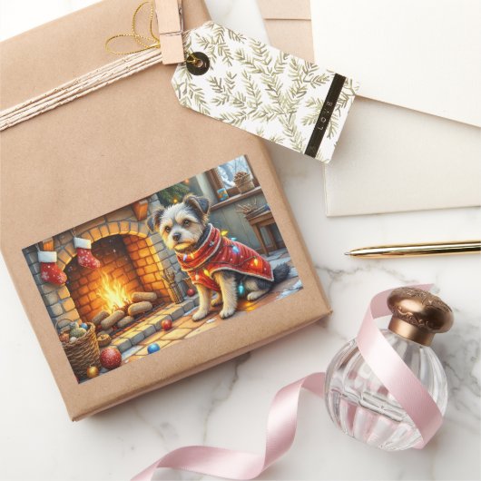Affenpinscher Sitting Fireplace Christmas Lights 長方形シール (ギフト)