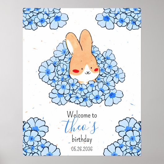 Affiche anniversaire personnalisé lapin fleurs ポスター (正面)