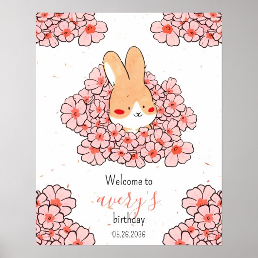 Affiche anniversaire personnalisé lapin fleurs ポスター (正面)