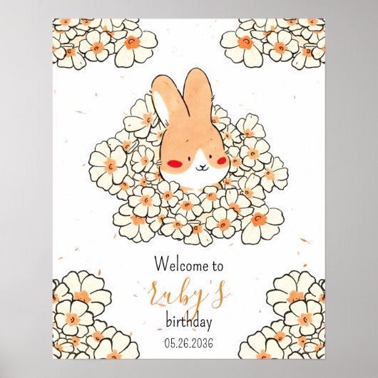 Affiche anniversaire personnalisé lapin fleurs ポスター (正面)