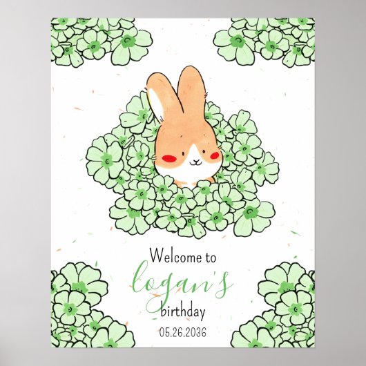 Affiche anniversaire personnalisé lapin fleurs ポスター (正面)
