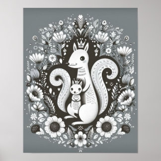 Affiche illustration folk art “Ecureuil“ ポスター
