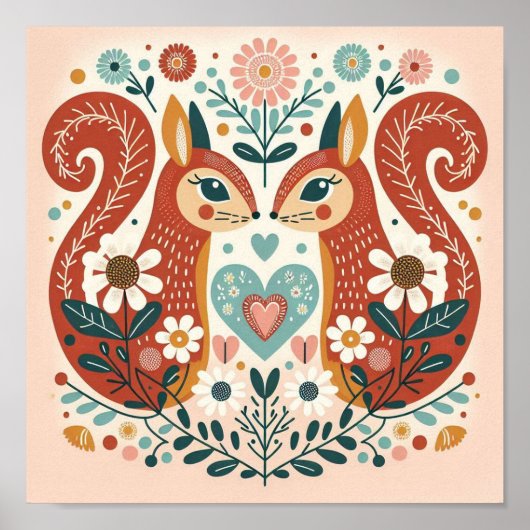 Affiche illustration folk art motif « écureuils » ポスター (正面)