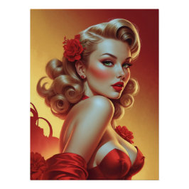 Affiche Pin-Up Blonde en Robe Rouge  ポスター