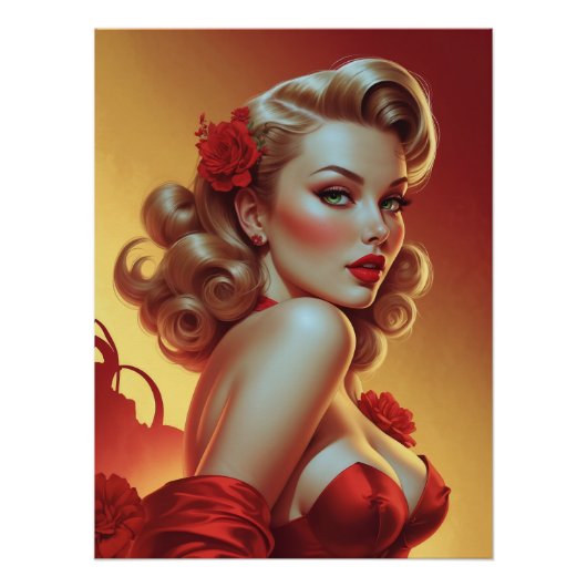 Affiche Pin-Up Blonde en Robe Rouge  ポスター (正面)