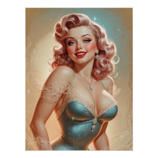 Affiche Pin-Up Blonde Glamour Robe Bleue Dentelle ポスター (正面)