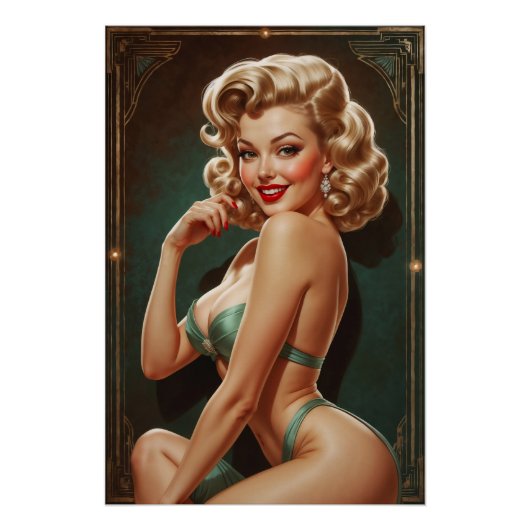 Affiche Pin-up Blonde Inspirée Art Déco ポスター (正面)