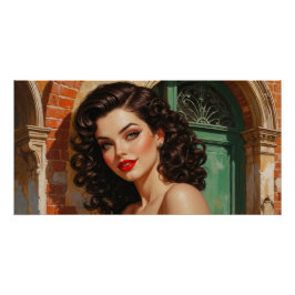 Affiche Pin-Up Brune devant une porte vintage ポスター