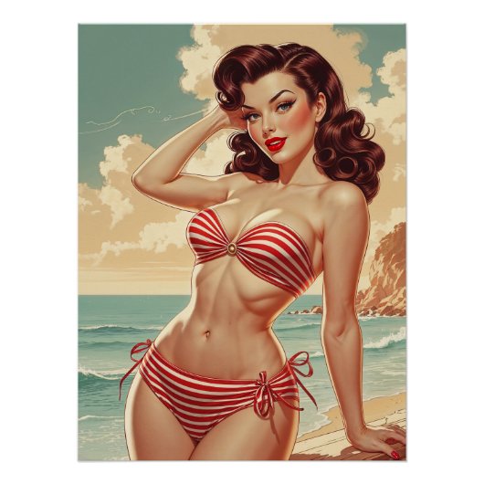 Affiche Pin-Up Brune en Bikini Rayé Rouge et Blanc ポスター (正面)
