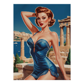 Affiche Pin-Up Grecque Décor Temple et Mer ポスター