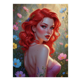 Affiche Pin-Up Rousse dans un Champ de Fleurs  ポスター