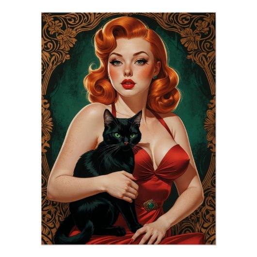 Affiche Pin-up Rousse et Chat Noir ポスター (正面)