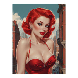 Affiche Pin-Up Rousse Sexy Fond Urbain ポスター