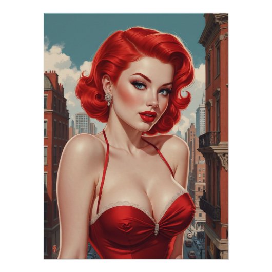 Affiche Pin-Up Rousse Sexy Fond Urbain ポスター (正面)