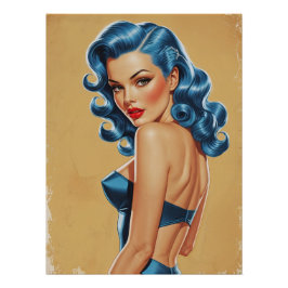 Affiche Pinup aux Cheveux Bleus en Maillot ポスター