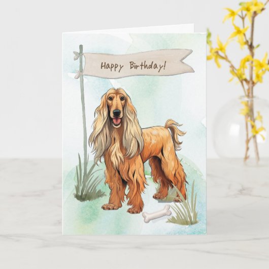 Afghan Hound Breed Dog Under Birthday Sign カード (黄色い花)