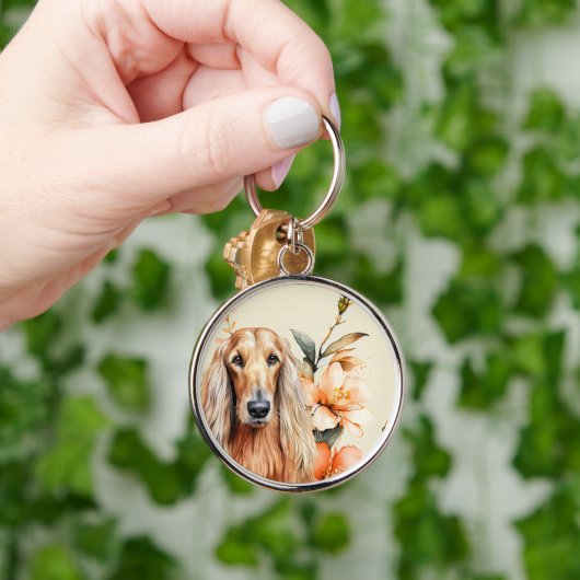 Afghan Hound Dog and Peach Lilies キーホルダー (手)