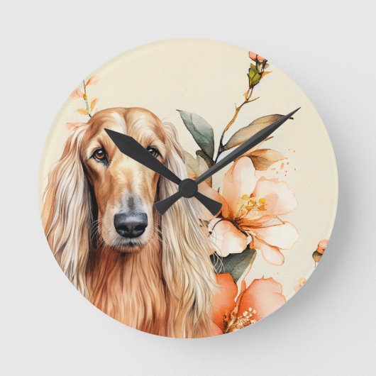 Afghan Hound Dog and Peach Lilies ラウンド壁時計 (正面)