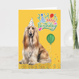 Afghan Hound Dog in a Party Hat on Yellow Birthday カード