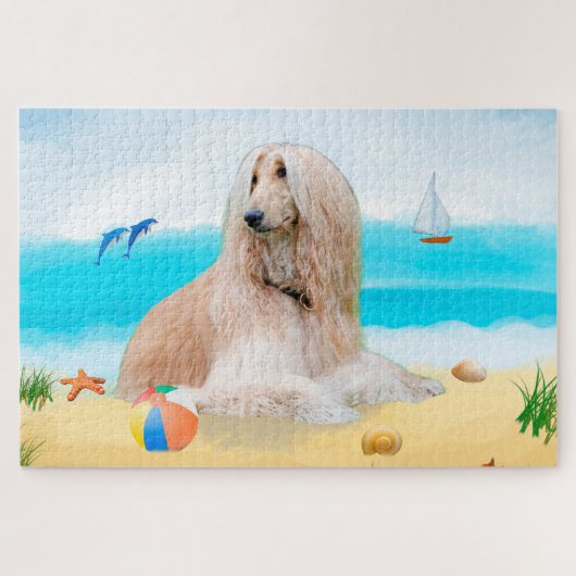 Afghan Hound Dog on Beach ジグソーパズル (横)