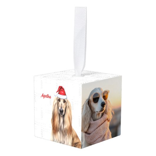 Afghan Hound Dog Two Photo Christmas Holiday キューブオーナメント (正面アングル)