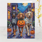 Afghan Hound Dogs Trick-or-Treating in Halloween カード (黄色い花)