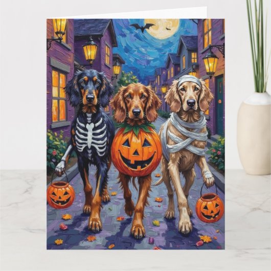 Afghan Hound Dogs Trick-or-Treating in Halloween カード (正面)