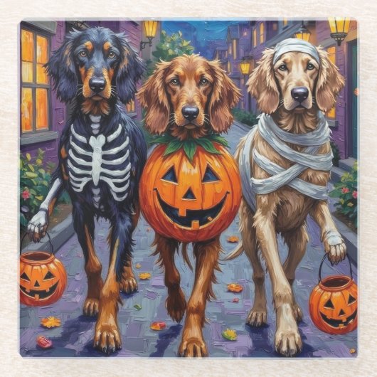 Afghan Hound Dogs Trick-or-Treating in Halloween ガラスコースター (正面)