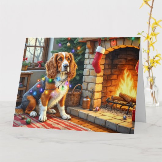 Afghan Hound Fireplace with Christmas Lights カード (黄色い花)