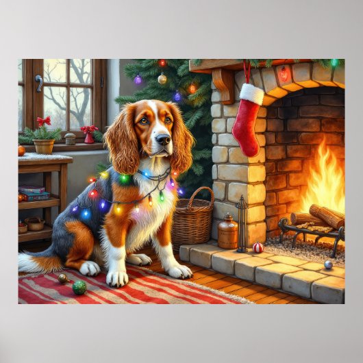 Afghan Hound Fireplace with Christmas Lights ポスター (正面)