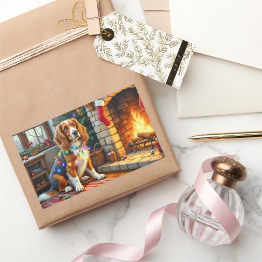 Afghan Hound Fireplace with Christmas Lights 長方形シール (ギフト)