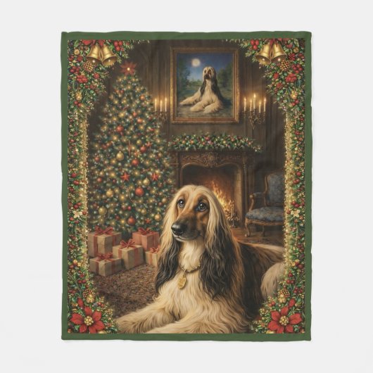 Afghan Hound Holiday Christmas Throw Blanket フリースブランケット (正面)